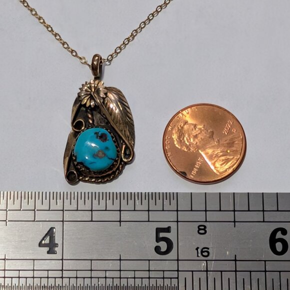 Vintage 12K Gold Filled Pendant Necklace Blue Turquoise Floral by Beverly Lucero - Picture 15 of 16